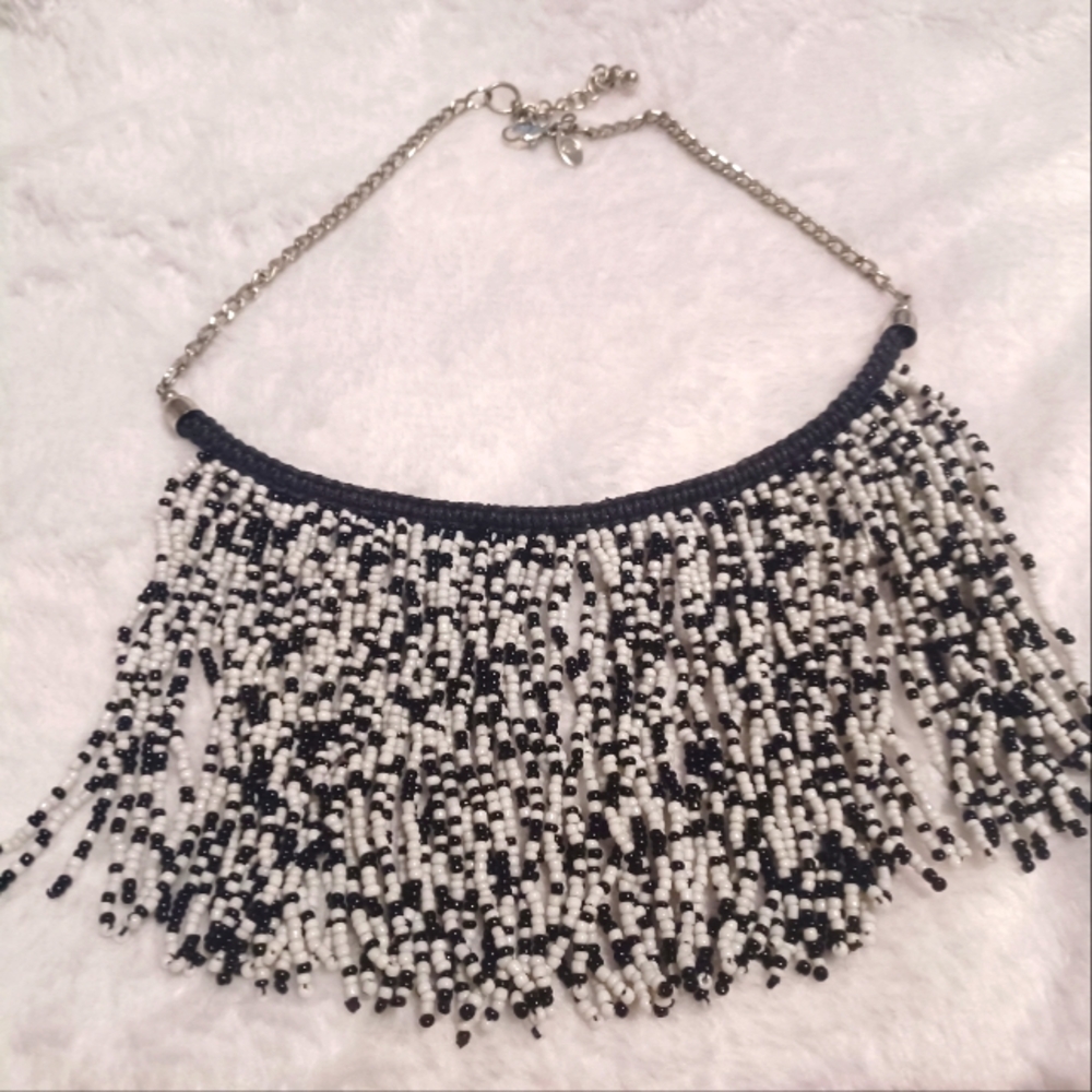 Charming Charlie Black and White Beaded Fringe Necklace